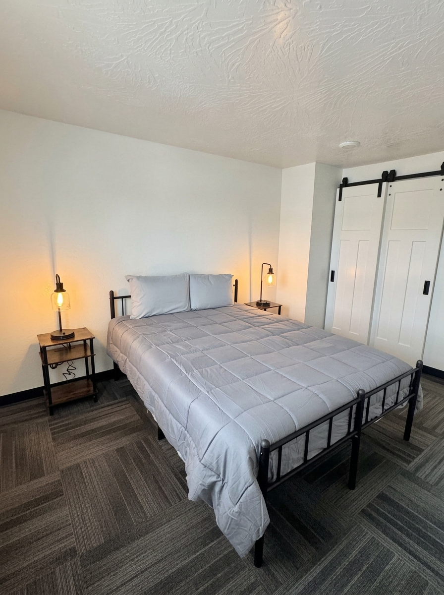 Bright furnished bedroom with bedside lamps